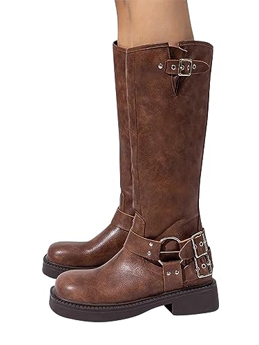 ORANDESIGNE Damen PU Leder Biker Stiefel mit Blockabsatz Mittlerer Wade Reitstiefel Retro Western Cowboy Stiefel Gürtel Schnalle Motro Stiefel Mode Ritterstiefel D Braun 38 EU von ORANDESIGNE