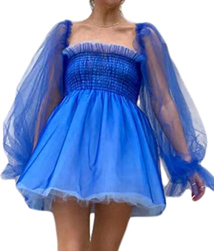 ORANDESIGNE Damen Puffärmel Kleid Ballkleider Tüll Abendkleid Quadratischer Kragen Tief Geschnitten Rüschen Prinzessin Ballkleid Minikleid für Party Porm D Blau L von ORANDESIGNE