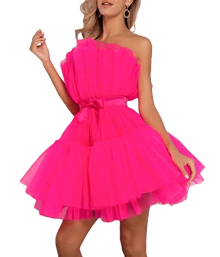 ORANDESIGNE Damen Puffärmel Kleid Ballkleider Tüll Abendkleid Quadratischer Kragen Tief Geschnitten Rüschen Prinzessin Ballkleid Minikleid für Party Porm E Rose S von ORANDESIGNE