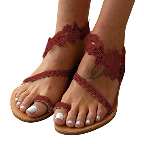 ORANDESIGNE Damen Sandalen Spitze Riemchen Elegante Flip Flop Sandals Schuhe Flache Römische Zehe Ring Römersandalen Sandalen Zehentrenner Blumen Gladiator Strandsandalen Sommerschuhe R Rot 39 EU von ORANDESIGNE