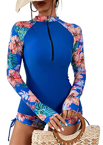 ORANDESIGNE Damen Zweiteilig Badeanzug Rash Guard UV Schutz Langarm Badeshirt mit Hot Pants Sportlich Bademode Strandkleidung I Blau M von ORANDESIGNE