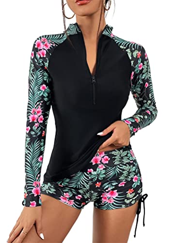 ORANDESIGNE Damen Zweiteilig Badeanzug Rash Guard UV Schutz Langarm Badeshirt mit Hot Pants Sportlich Bademode Strandkleidung I Rot XL von ORANDESIGNE