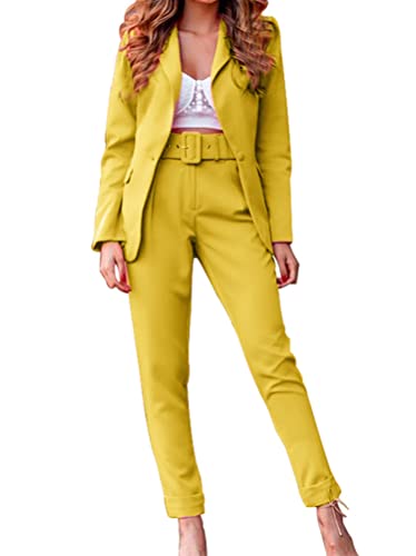 ORANDESIGNE Damen Zweiteiliger Anzug Set Revers Büro Business Formal Blazer Langarm Anzugjacke Hosenanzug Slim Fit Hose 2 Stück C Gelb M von ORANDESIGNE