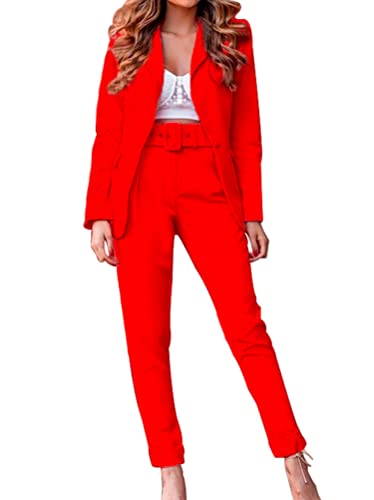 ORANDESIGNE Damen Zweiteiliger Anzug Set Revers Büro Business Formal Blazer Langarm Anzugjacke Hosenanzug Slim Fit Hose 2 Stück C Rot L von ORANDESIGNE