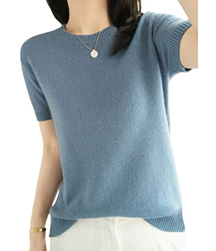 ORANDESIGNE Pullover Kurzarm Damen Kaschmirimitat Elegant Frühling Sommer Sweatshirt Oberteil Bluse Rundhals Tops EinfarbigStrickpullover Strickbluse Strick Basis Pullover A Blau M von ORANDESIGNE