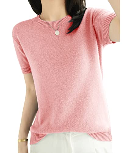 ORANDESIGNE Pullover Kurzarm Damen Kaschmirimitat Elegant Frühling Sommer Sweatshirt Oberteil Bluse Rundhals Tops EinfarbigStrickpullover Strickbluse Strick Basis Pullover A Rosa L von ORANDESIGNE