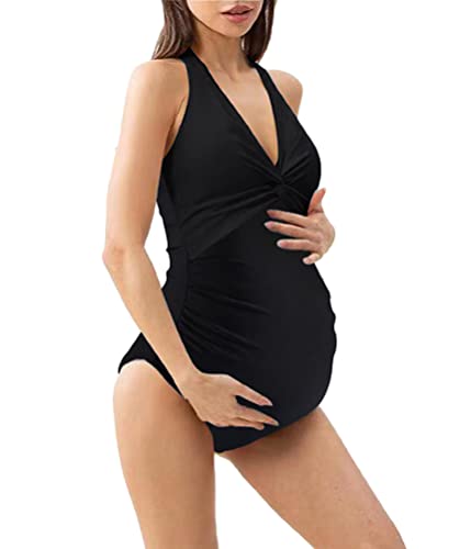 ORANDESIGNE Schwangerschafts Badeanzug mit Rüschen Volants Umstandsbademode V-Ausschnitt Schwanger Badeanzug A Schwarz XL von ORANDESIGNE