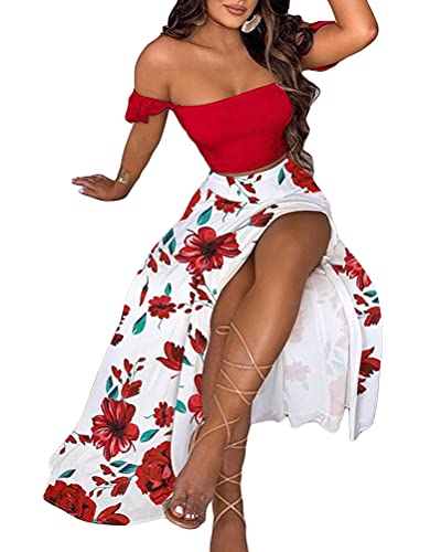 ORANDESIGNE Strandkleider Damen Sommer Bikini Cover Up Strandponcho Kleider Bandeau Boho Lang Kleid Schulterfrei Ärmelloses Elegant Freizeitkleid B Rot L von ORANDESIGNE