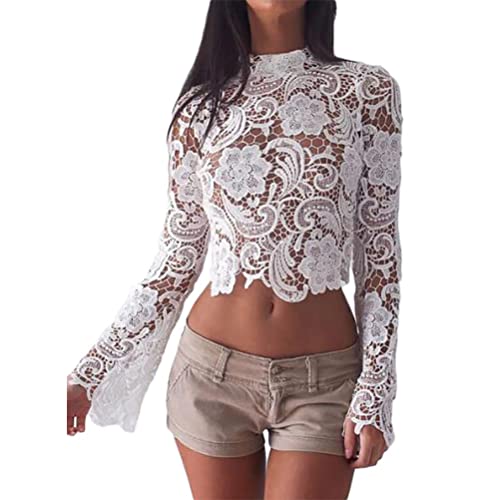 ORANDESIGNE Tops Damen Elegant Langarm Crop Top Spitze Spitzentop Spitzen Long Sleeve Bluse Blusenshirt Party Lace Trachtenbluse Für Frauen A Weiß M von ORANDESIGNE