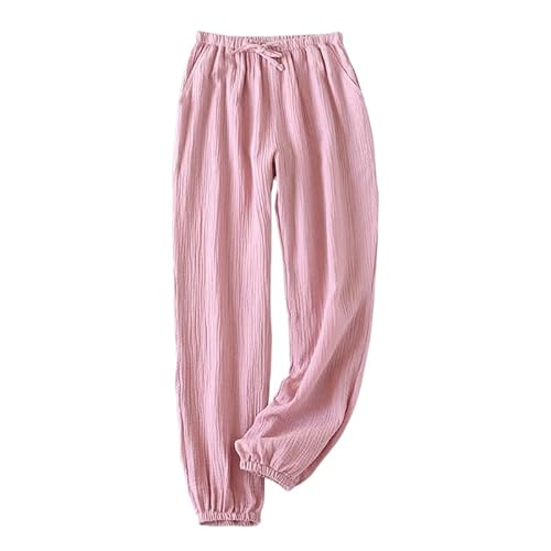 ORDOBO Damen Pyjamahose - Frühling Sommer Einfarbig Weiche Leichte Atmungsaktive Baumwolle Homewear Koreanischen Stil Mit Tasche Kordelzug Kleidung,Rosa,M von ORDOBO