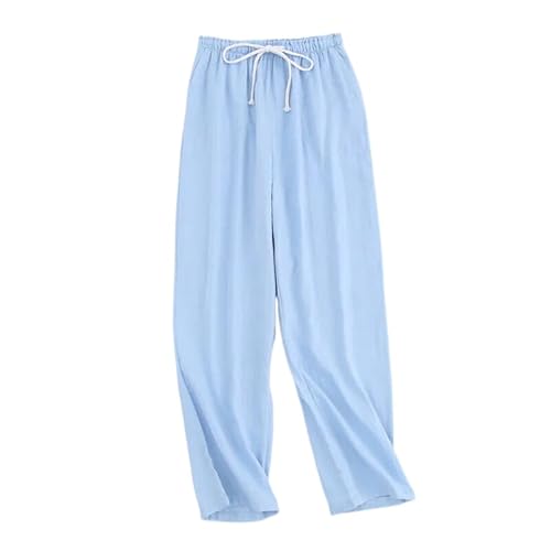 ORDOBO Damen Pyjamahose - Modische Weiche Atmungsaktive Baumwolle Einfarbig Mit Tasche Kordelzug Nachtwäsche Hohe Taille Koreanischer Stil Sommer-Homewear Blau M von ORDOBO