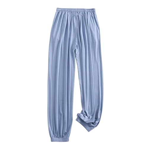 ORDOBO Damen Pyjamahose - Sommer-Hose Aus Weicher Baumwolle Einfarbig Weites Bein Übergröße Koreanischer Stil Hohe Taille Mit Tasche Kordelzug Homewear Blau L von ORDOBO