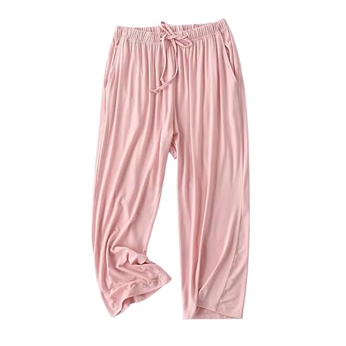 ORDOBO Damen Pyjamahose - Wadenlange Sommerhose Große Größe Einfarbig Lässig Mit Tasche Baumwoll-Kordelzug Modisch Leicht Homewear Pink XL von ORDOBO