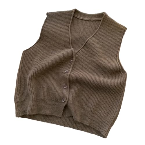 ORDOBO Damen Strickweste - Pullover Weste Frauen Einfarbig Casual V-Ausschnitt Strickjacke Koreanischen Stil Mode Ärmellose Strickweste Frühling Lose Einfache Streetwear,Braun,L von ORDOBO