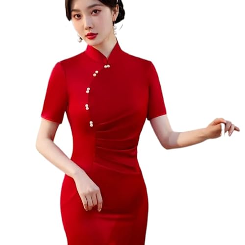 ORDOBO Kurzärmeliger Cheongsam Für Frauen - Große Größe Chinesischen Stil Sexy Temperament Satin Cheongsam Kleid Mode Handgemachte Perlen Stehkragen Party Kleidung,Rot,4XL von ORDOBO