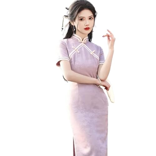 ORDOBO Kurzärmeliger Cheongsam Für Frauen - Traditionelles Chinesisches Kleid Sexy Seitlich Geteilter Stehkragen Große Größe Cheongsam Lässig Sommer Täglich Temperament-Kleidung Lila XXL von ORDOBO