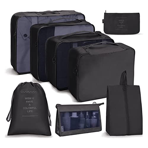 OSDUE Koffer Organizer Set 8-teilig, Packing Cubes, Wasserdichte Reise Kleidertaschen, Packtaschen für koffer, Verpackungswürfel mit Kosmetiktasche, Schuhbeutel, USB Kabel Tasche (Schwarz) von OSDUE