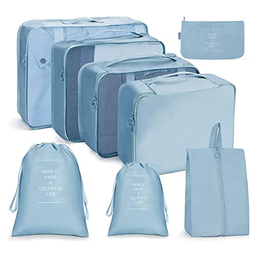 OSDUE Koffer Organizer Set 8-teilig, Packing Cubes, Wasserdichte Reise Kleidertaschen, Packtaschen für koffer, Verpackungswürfel mit Schuhbeutel, USB Kabel Tasche (Blauer See) von OSDUE