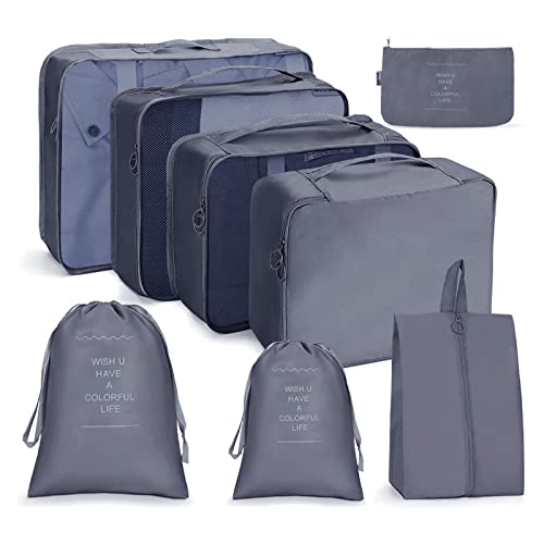 OSDUE Koffer Organizer Set 8-teilig, Packing Cubes, Wasserdichte Reise Kleidertaschen, Packtaschen für koffer, Verpackungswürfel mit Schuhbeutel, USB Kabel Tasche (Grau) von OSDUE