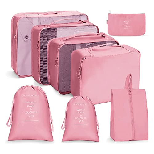 OSDUE Koffer Organizer Set 8-teilig, Packing Cubes, Wasserdichte Reise Kleidertaschen, Packtaschen für koffer, Verpackungswürfel mit Schuhbeutel, USB Kabel Tasche (Rosa) von OSDUE