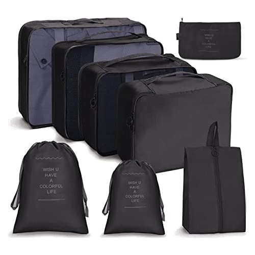 OSDUE Koffer Organizer Set 8-teilig, Packing Cubes, Wasserdichte Reise Kleidertaschen, Packtaschen für koffer, Verpackungswürfel mit Schuhbeutel, USB Kabel Tasche (Schwarz) von OSDUE
