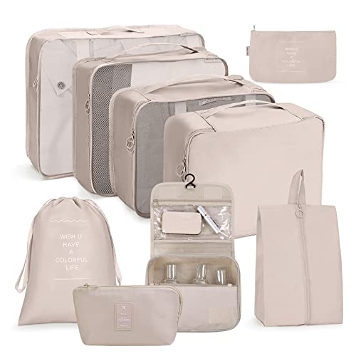 OSDUE Koffer Organizer Set 9-teilig, Packing Cubes, Wasserdichte Reise Kleidertaschen, Packtaschen für koffer, Verpackungswürfel mit Schuhbeutel, USB Kabel Tasche, Digitale Tasche (Beige) von OSDUE