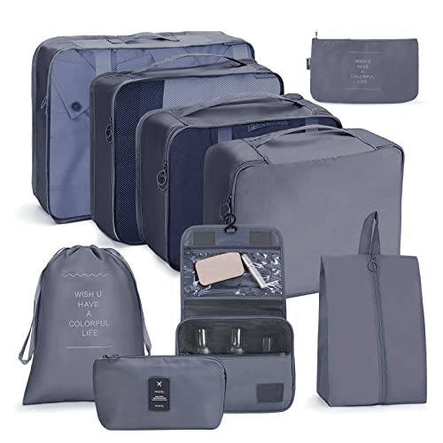 OSDUE Koffer Organizer Set 9-teilig, Packing Cubes, Wasserdichte Reise Kleidertaschen, Packtaschen für koffer, Verpackungswürfel mit Schuhbeutel, USB Kabel Tasche, Digitale Tasche (Grau) von OSDUE
