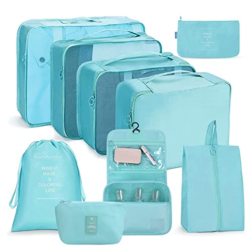 OSDUE Koffer Organizer Set 9-teilig, Packing Cubes, Wasserdichte Reise Kleidertaschen, Packtaschen für koffer, Verpackungswürfel mit Schuhbeutel, USB Kabel Tasche, Digitale Tasche (Hellblau) von OSDUE