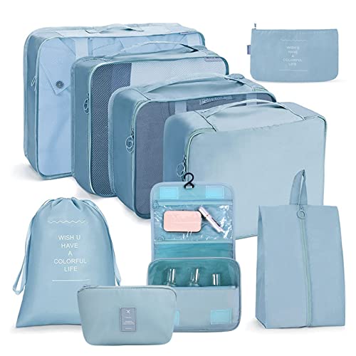 OSDUE Koffer Organizer Set 9-teilig, Packing Cubes, Wasserdichte Reise Kleidertaschen, Packtaschen für koffer, Verpackungswürfel mit Schuhbeutel, USB Kabel Tasche, Digitale Tasche (Koreanisch Blau) von OSDUE
