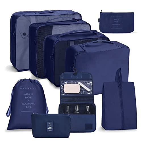 OSDUE Koffer Organizer Set 9-teilig, Packing Cubes, Wasserdichte Reise Kleidertaschen, Packtaschen für koffer, Verpackungswürfel mit Schuhbeutel, USB Kabel Tasche, Digitale Tasche (Navy Blau) von OSDUE