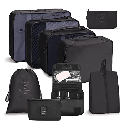 OSDUE Koffer Organizer Set 9-teilig, Packing Cubes, Wasserdichte Reise Kleidertaschen, Packtaschen für koffer, Verpackungswürfel mit Schuhbeutel, USB Kabel Tasche, Digitale Tasche (Schwarz) von OSDUE