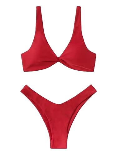OTBEHUWJ Bikini Damen Set Bikini Gepolstert BH Hochbein Verband Push Up Bikini Set Brasilianer Badeanzug Frauen Badebekleidung-rot-XL von OTBEHUWJ