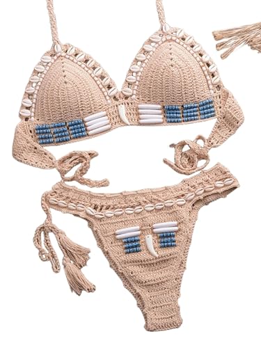 OTBEHUWJ Bikini Damen Set Handgefertigter Häkelbikini -Set Tassels Bikini Brasilianer Strick Badeanzug Frauen Halfter Riemchen Badebekleidung-Aprikose-m von OTBEHUWJ