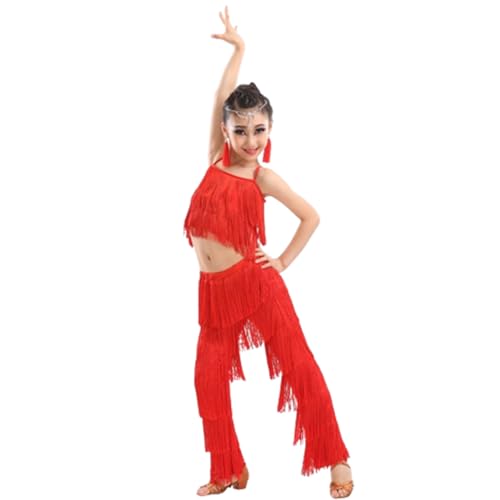 OTMYIGO 2-teiliges Latin-Tanz-Outfit mit Fransen für Mädchen, Camisole-Quasten, Gesellschaftstanz-Kostüm-Set, Partykleid-Tanzkleidung,A10,120 von OTMYIGO