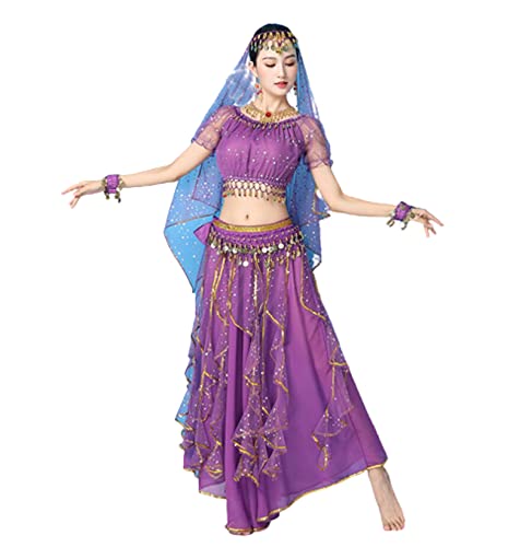 OTMYIGO 5 teiliges Set Bollywood Kostüm Set Frauen Indisches Tanzkleid Sari Bauchtanz Outfit Performance Kleidung Chiffon Kleid,Lila,XXL von OTMYIGO