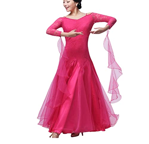 OTMYIGO Ballsaal-Kleid für Damen Walzer-Spitze Ballsaal-Tanzkleid für Damen mit Langen Ärmeln Tango-Tanzkleider Standard-Kleid,Rosa,XL von OTMYIGO