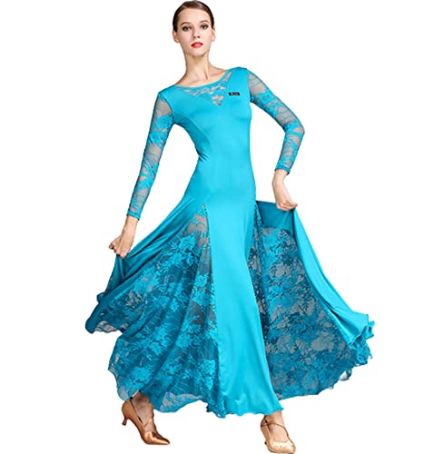 OTMYIGO Ballsaal-Tanzkleid aus Spitze für Damen mit Langen Ärmeln Walzer Tango-Tanzkleider Standard-Ballsaalkleid,Blau,L von OTMYIGO