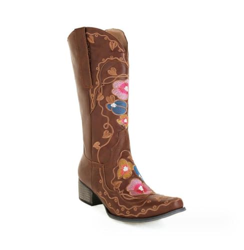 OTMYIGO Damen Westernstiefel 2022 Vintage Chunky Heel Cowboy Cowgirl Mid Calf Boot, Mid Boots Winter Square Toe Blumen Stickerei Reitstiefel,Braun,39 von OTMYIGO