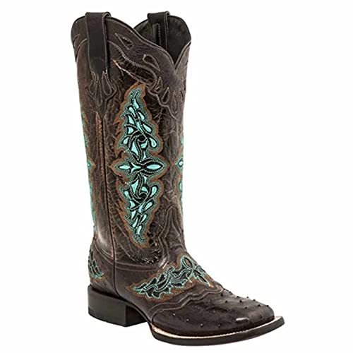 OTMYIGO Damenstiefel, Vintage Chunky Heel Western Cowboystiefel Mid Calf Boot Square Toe Lederstickerei Reitstiefel,Braun,38 von OTMYIGO