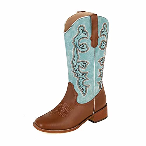 OTMYIGO Frau Spleißen Mid Calf Boots, 2022 Vintage Western Cowboystiefel Stickerei genähte Square Toe Low Heel Reitstiefel,Gelb,35 von OTMYIGO