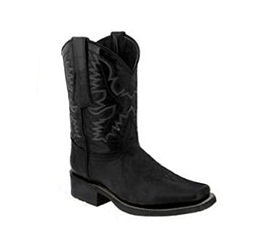 OTMYIGO Herrenstiefel, künstliche PU-rutschfeste, runde Zehenschnalle, niedrige Absätze, lässige Reitstiefel, Winter-Cowboystiefel im Freien, Retro-warme römische Stiefel,Schwarz,45 von OTMYIGO