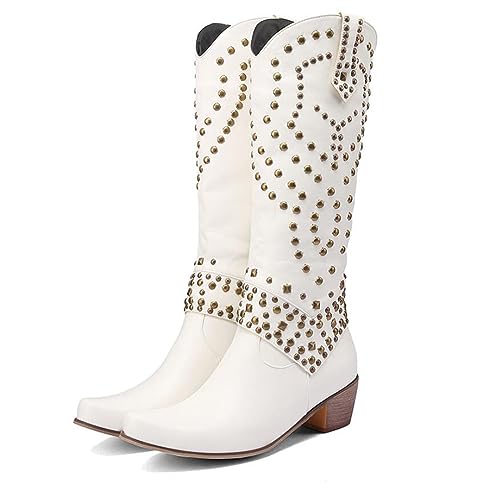 OTMYIGO Western-Cowgirl-Cowboystiefel für Damen, Vintage-Pull-on-Stiefel mit mittlerer Wade und Stickerei, Kniehohe Stiefel. Herbstliche, mit Nieten besetzte Reitstiefel,Weiß,43 von OTMYIGO
