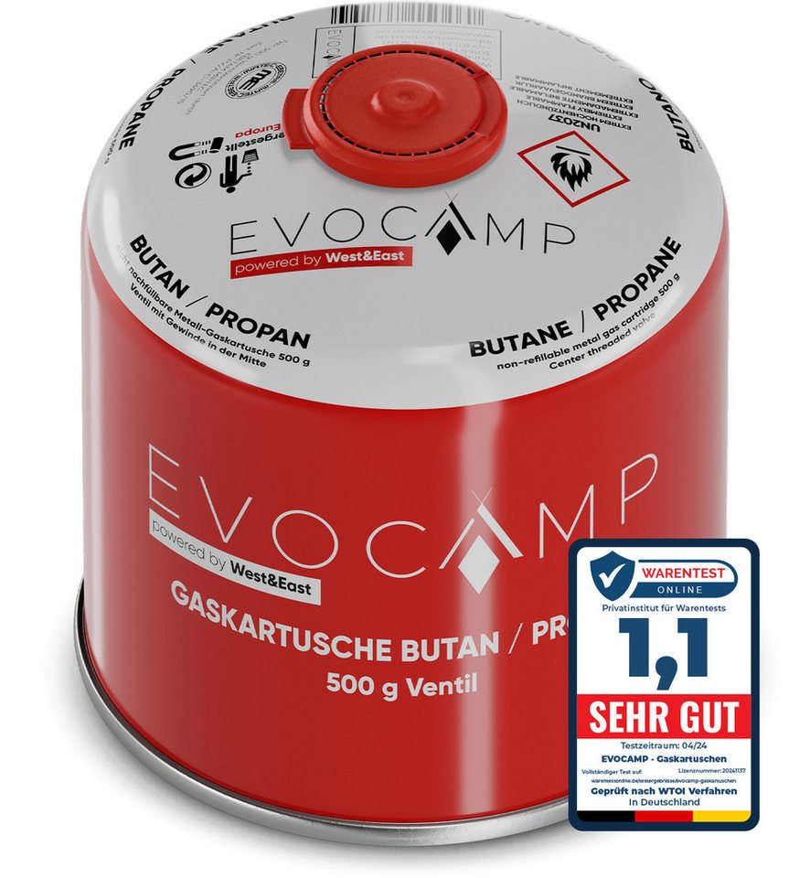 EVOCAMP Gaskartusche Ventilkartusche mit Butan/Propan Gas EN 417 500g mit Schraubventil, 1 St. von EVOCAMP