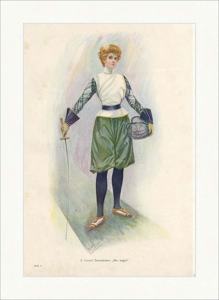 Kunstdruck E. Cucuel. Damenfechten: Wer wagts Sport Degen Haube coloriert Holzsti, (1 St) von OTTO