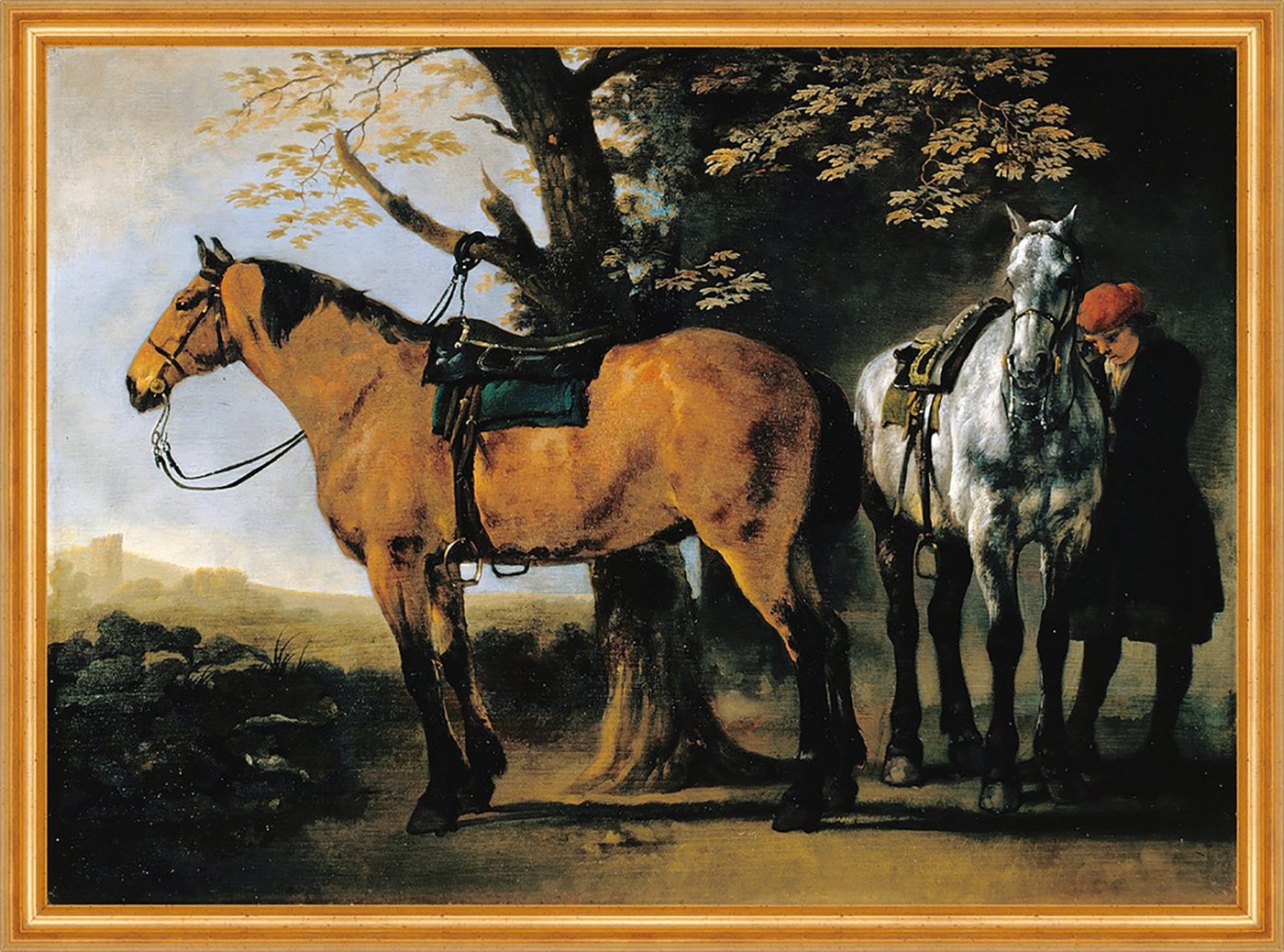 Kunstdruck Two Horses van Calraet, Abraham Tiere Pferde Zaumzeug Wald Reiterin B, (1 St) von OTTO