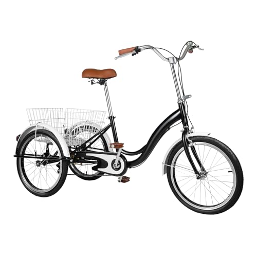 OUBUBY 20-Zoll-Dreirad für Erwachsene mit Einkaufskorb Seniorenfahrrad Reisedreirad Senioren Dreirad Verstellbarer Lenker und Sitz Maximale Gewichtskapazität 242,5 Lbs (Schwarz) von OUBUBY