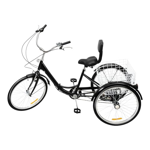 OUBUBY Dreirad Für Erwachsene, 24 Zoll Fahrrad 7 Gang Dreirad Faltbares Dreirad mit Einkaufskorb und Rückenlehne City Bike Cruise Bike Geeignet für Outdoor-Sportarten und Shopping (Schwarz) von OUBUBY