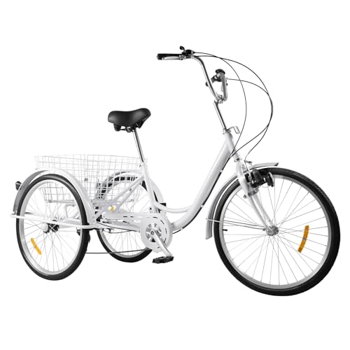OUBUBY Dreirad für Erwachsene, 24 Zoll Dreirad 6 Gang Fahrrad Senioren Dreirad Cargo Bike City Bike mit Licht und Einkaufskorb Maximale Belastung 120kg Geeignet für ältere Menschen (Weiß) von OUBUBY