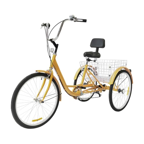 OUBUBY Dreirad für Erwachsene 24 Zoll, 6 Gang Fahrrad Altmodisches Dreirad Lastenfahrrad, Stadtfahrrad mit Einkaufskorb Verstellbarer Sitz Dreirad mit Rückenlehne (Gelb) von OUBUBY
