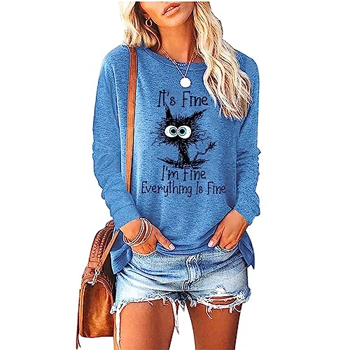 OUHZNUX It's Fine I'm Fine Everything is Fine Funny Cat Printed T-Shirt, Street Cute T-Shirt, Comfortable Casual Fashion Ladies Short Sleeve (S-3XL)-Blue||L von OUHZNUX